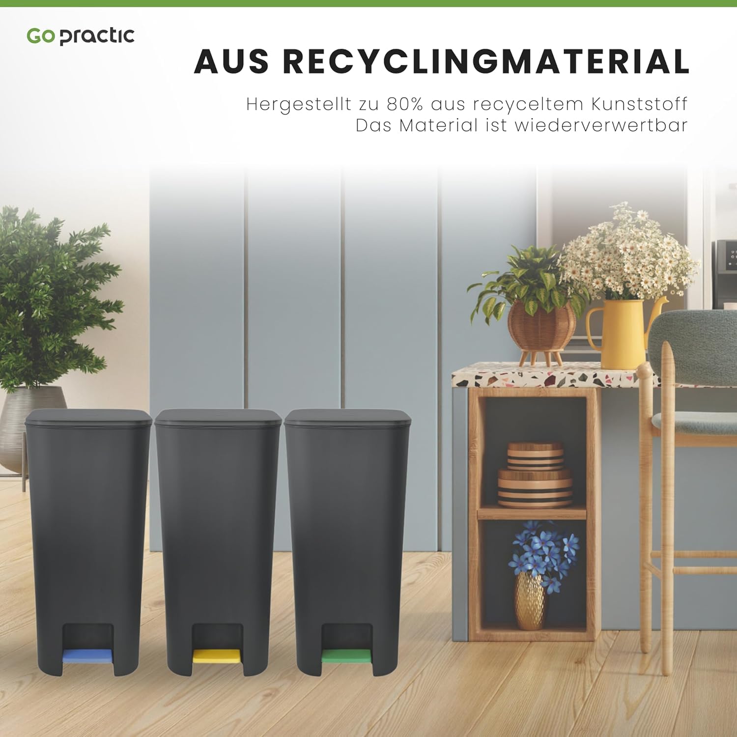 Treteimer Set 3x40L Grau, Tretmülleimer mit Pedal und Deckel, Mülleimer, Mülltrennsystem für Papier, Kunststoff, Glas, Küchenmülleimer Recycling, Küche