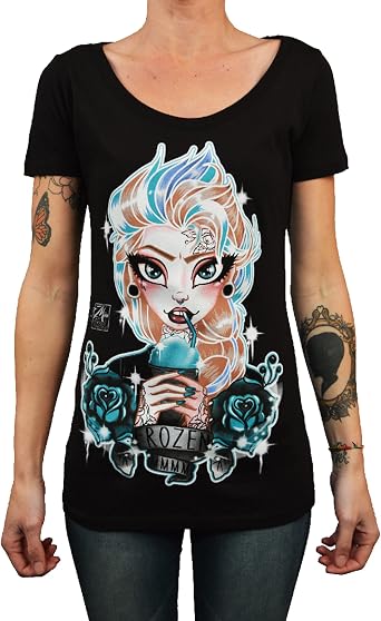 Womens Frozen by Miss Cherry Martini Elsa Princess Tattoo Art Black T-Shirt
