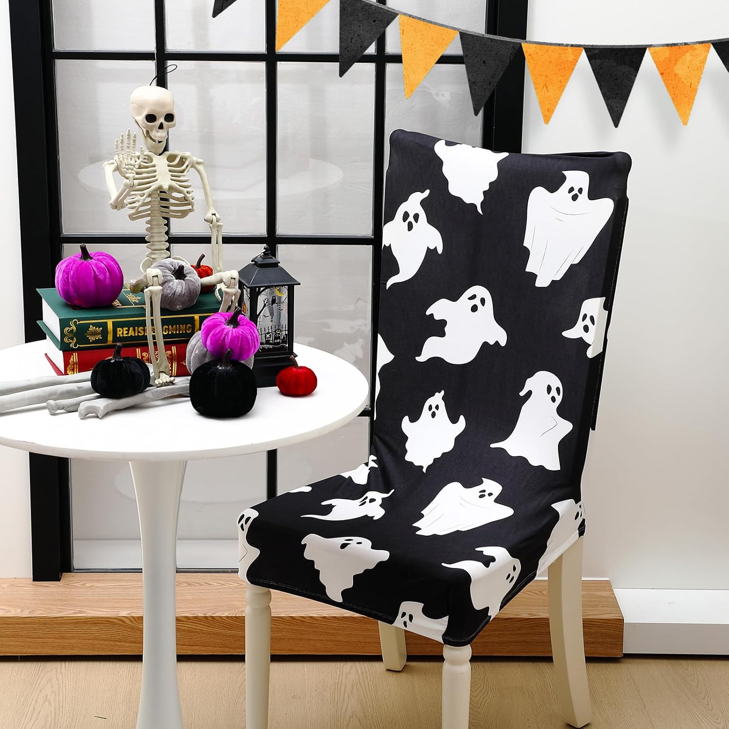 Preboun 8 Pcs 4 Styles Halloween Chair Cover Halloween Dining Chair Slipcover Spooky Chair Back Covers Stretchable Washable Chair Protective Covers for Dining Room Kitchen Office Hotel Seat Decor