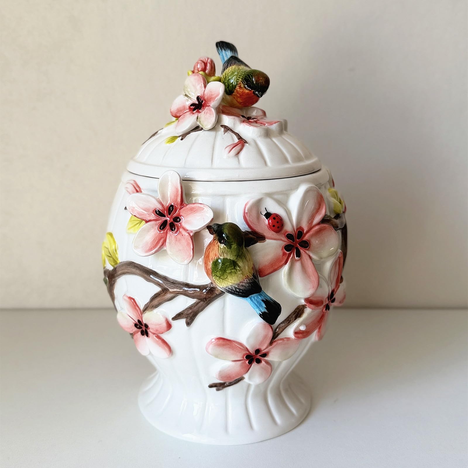 FORLONG Ceramic Food Storage Containers with Lids, 3D Hand-painted Magnolia Flower and Bird for Home Kitchen Countertop Decorative Collection Jars