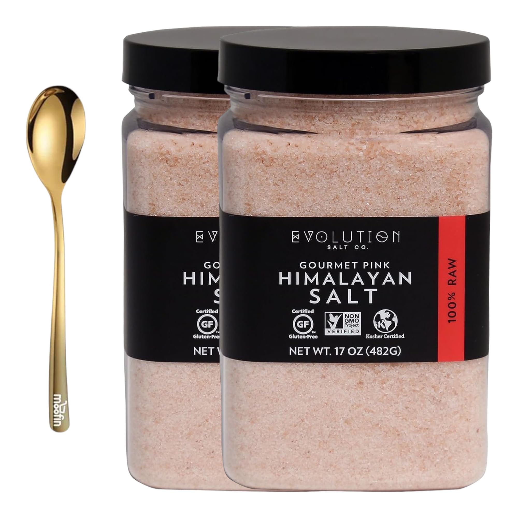 Evolution Salt Co Pink Himalayan Sea Salt, 17 Oz, with Moofin Golden SS Spoon, Pristine Pink Himalayan Salt for Cooking, Kosher, Supports pH Balance, Hydration & Health, Fine Sea Salt~ [Pack of 2]