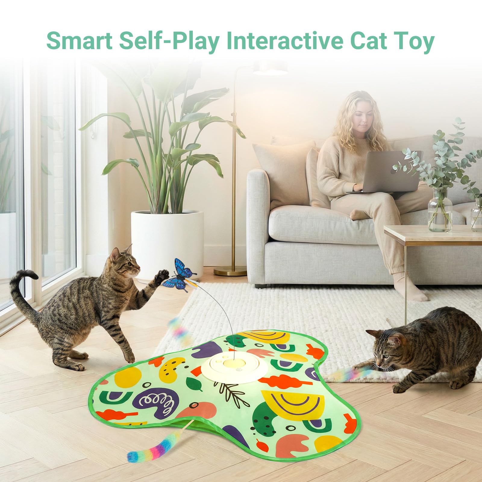Interactive Cat Toy for Indoor Cats, Recargable Touch Activated Kitten Toy with Dual Motion Butterfly & Feather Tail, 3 Speed Automatic Smart Play for Ejercise & Boredom Relief