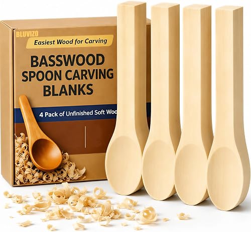 Basswood Spoon Carving Blanks 4 Pack: Soft Wood Spoon Kit for Whittling | 6.3 x 1.6 Inch Spoon Size, Knot-Free Fine Grain, Unfinished Natural Surface, Paint and Stain Ready, DIY Gift Projects
