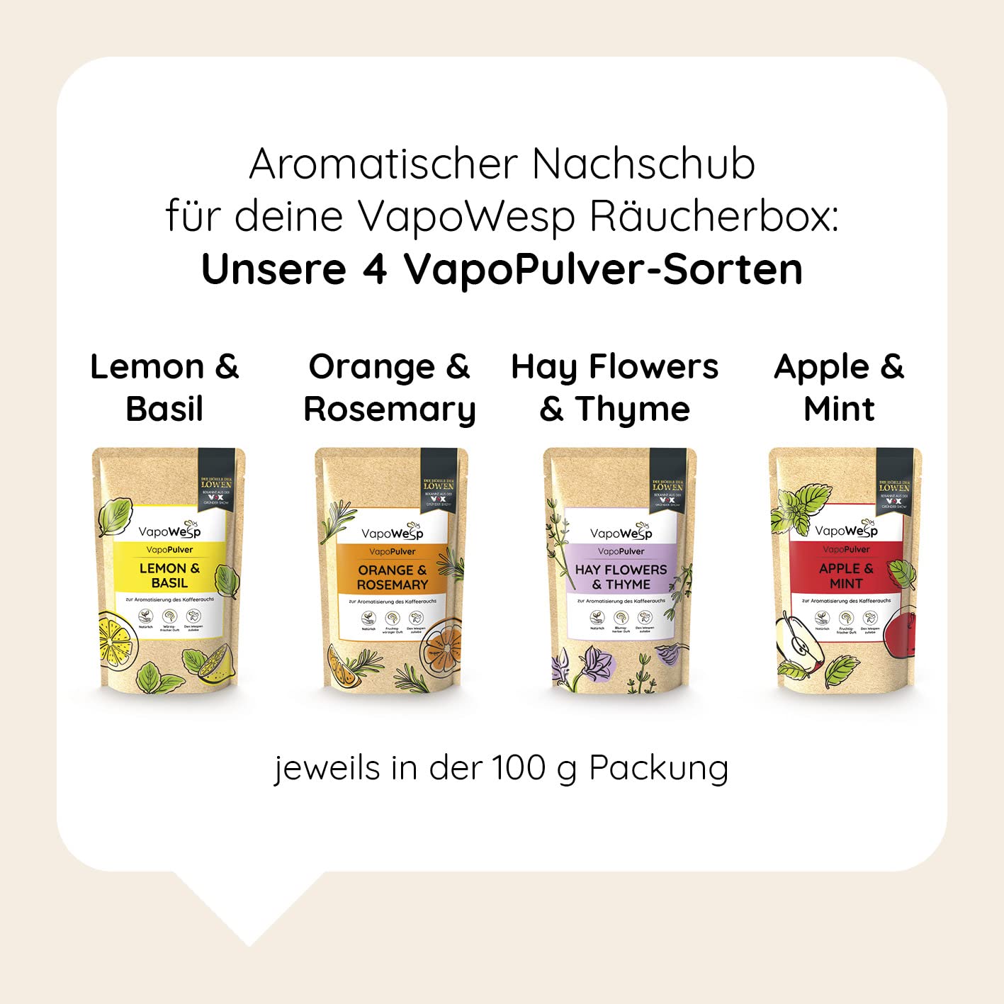 VapoWesp Pulver-Set alle 4 Sorten je 100g | Orange & Rosemary, Apple & Mint, Lemon & Basil, Hay Flowers & Thyme | Aromatischer Duft für die VapoWesp Räucherbox
