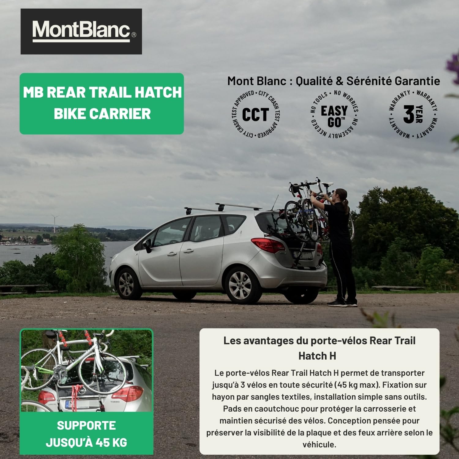 Mont Blanc Porte-vélos sur Hayon Rear Trail Hatch H - 3 Vélos | Porte-vélos sur hayon, 3 vélos, charge 45 kg. Coussins caoutchouc anti-rayures, sangles incluses, sans attelage.