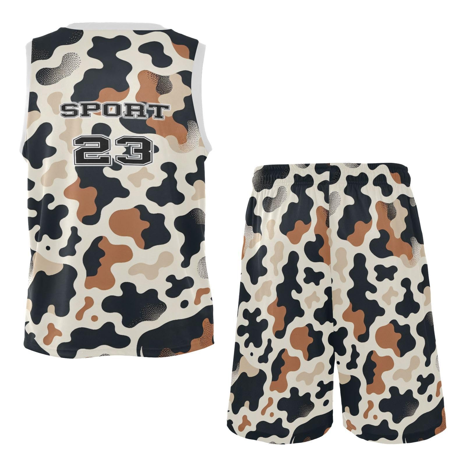 FLildon Black Brown Cow Print Boys Basketball Jersey Set Tank Top Shorts Tracksuit Sport Training Suit for Kids, L