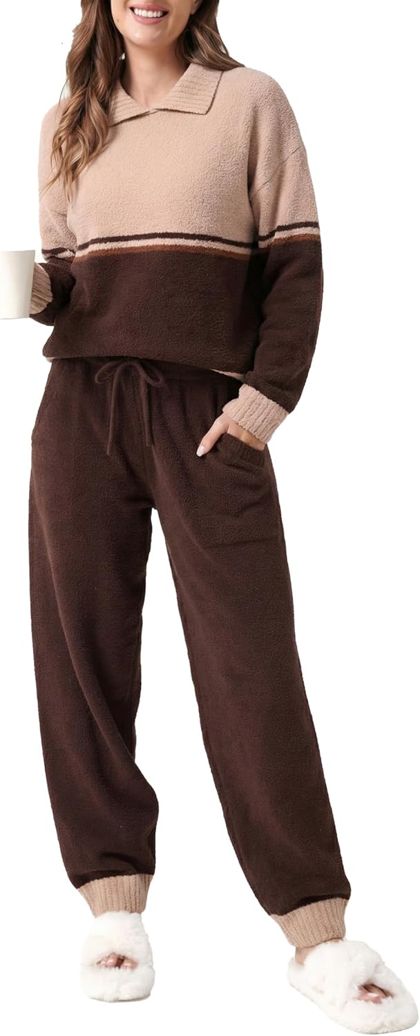 DAVID ARCHY Warm Pajamas for Women Fleece Lounge Sets Winter Fuzzy Cozy Soft Comfy Long Sleeve Pj Sleepwear Hooded Loungewear