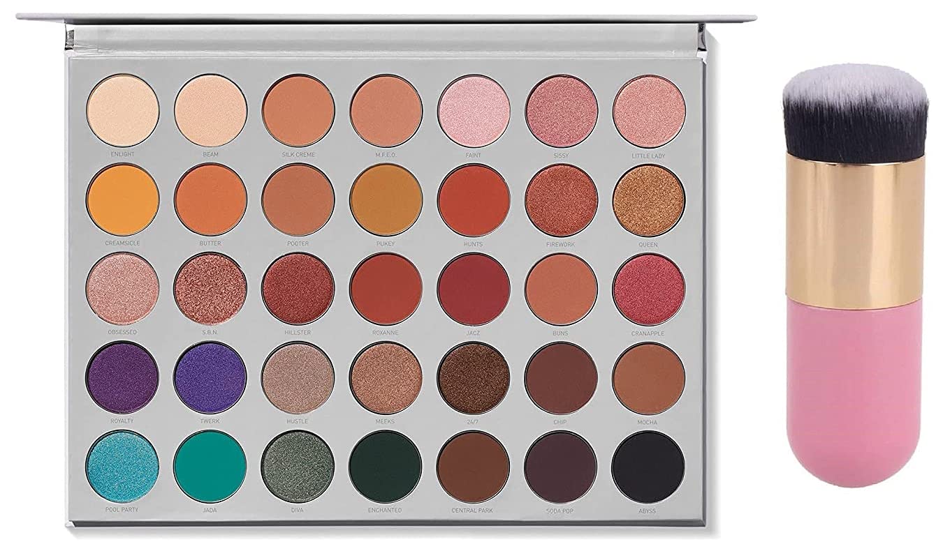 HUDA CRUSH BEAUTY Eyeshadow Palette with Brush Set Combo of 35 Color Morphe Jaclyn Hill Eye Shadow Pallet with Pink Foundation Brush For Face Make Up
