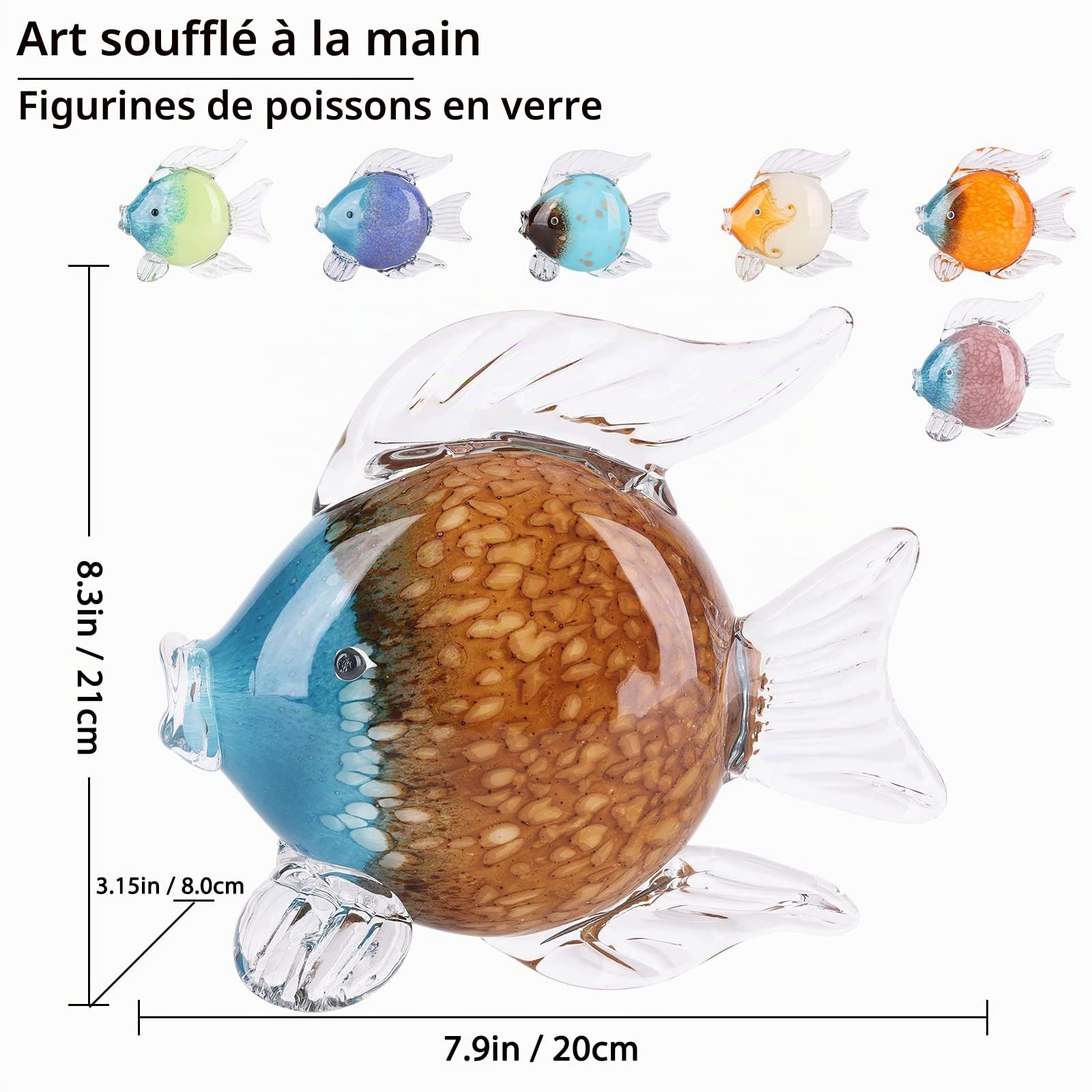 Grande figurine de poisson en verre soufflé à la main - Statue et sculpture de poisson - Décoration d'intérieur - Presse-papier en verre de mer tropicale de Murano pour bureau, aquarium côtier