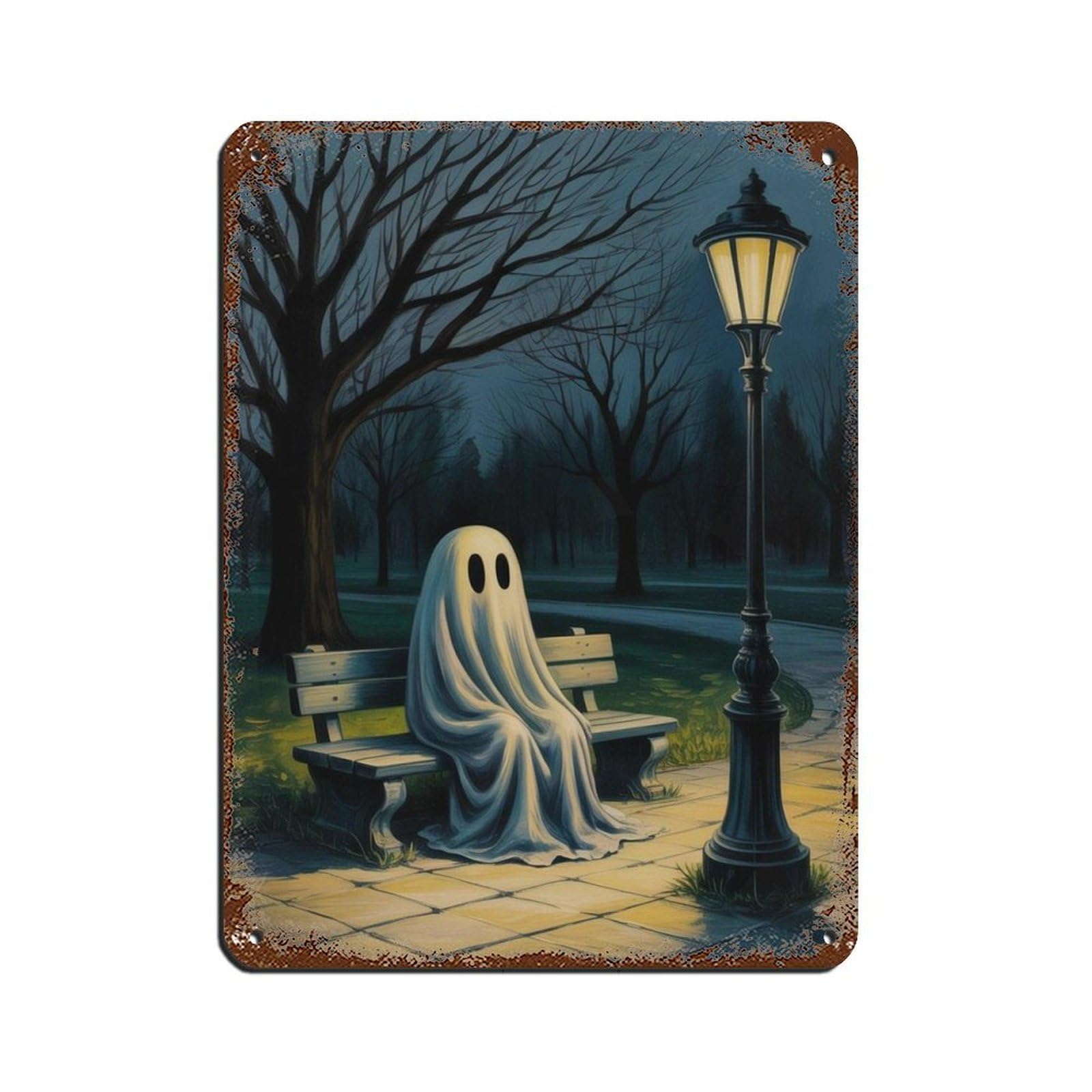 Ghost Is Sitting on The Bench Poster Retro Poster Metal Tin Sign Chic Art Retro Iron Painting Bar People Cave Cafe Family Garage Poster Wall Decoration 12x16inch(30x40cm)