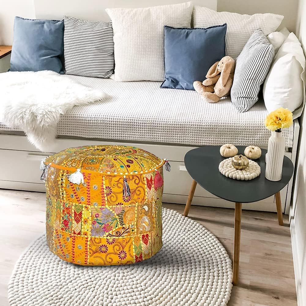 Indian Pouf Footstool Ethnic Embroidered Indian Cotton Round Pouffe Ottoman Pillow Ethnic Decor Art Cover Only (Orange, 14X22 Inch)