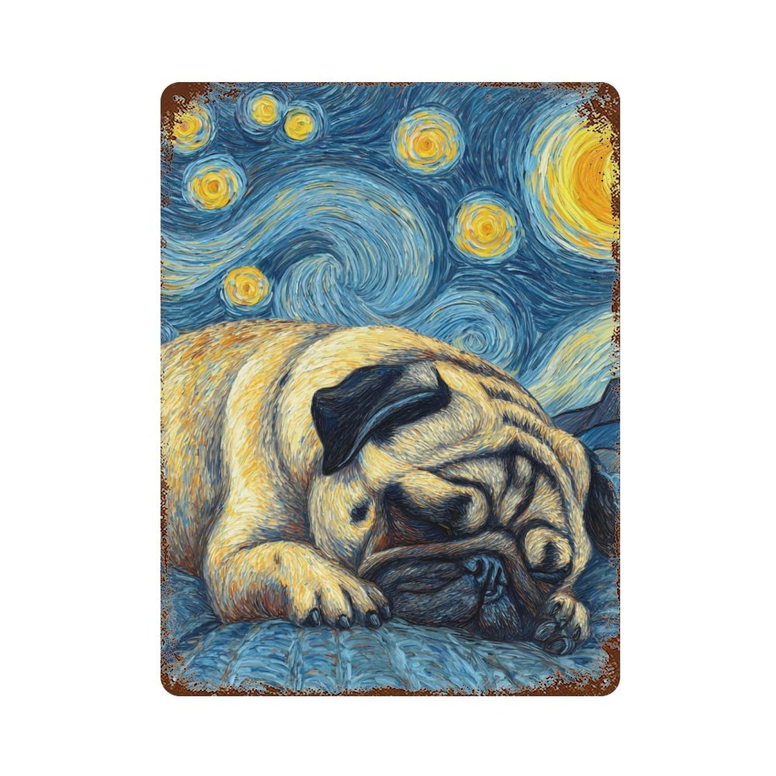 Garage Style Pug Dog Starry Night Painting Rustic Tin Plaque 15.7"x11.8", Vintage Wall Decor for Bar And Workshop