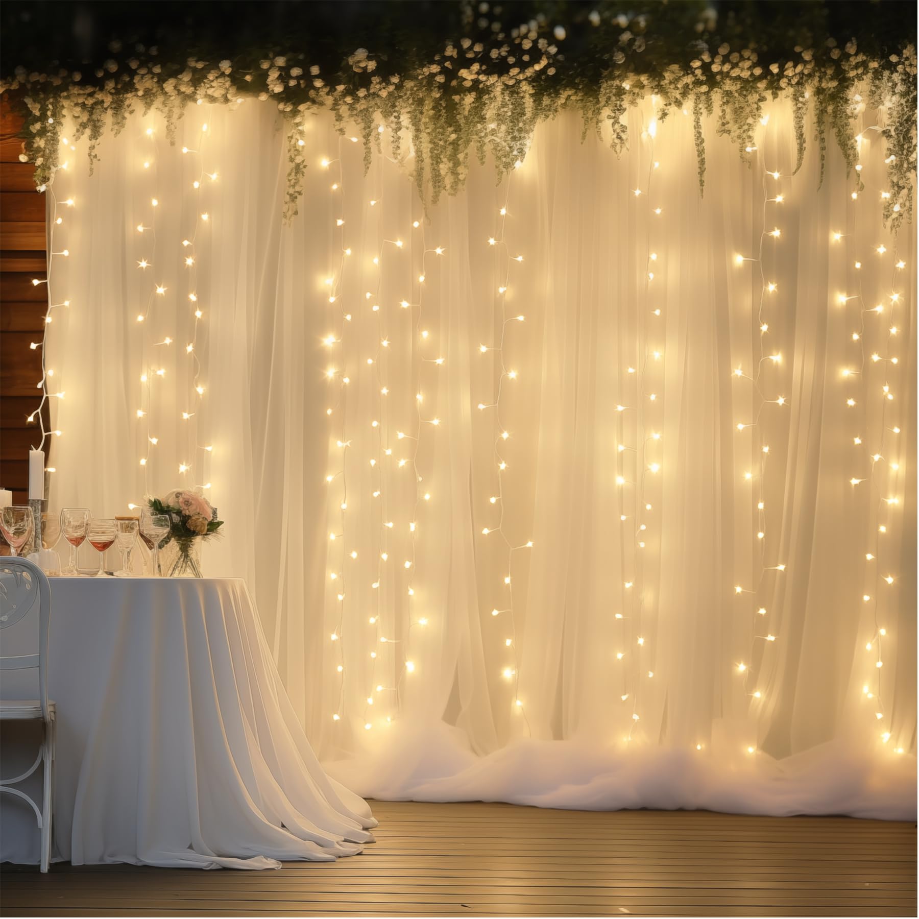 Vorhang, Tüll, mit Lichterkette, durchsichtig, für Hochzeiten, Partys, Heimdekorationen, 6 x 3 m, cremeweiß
