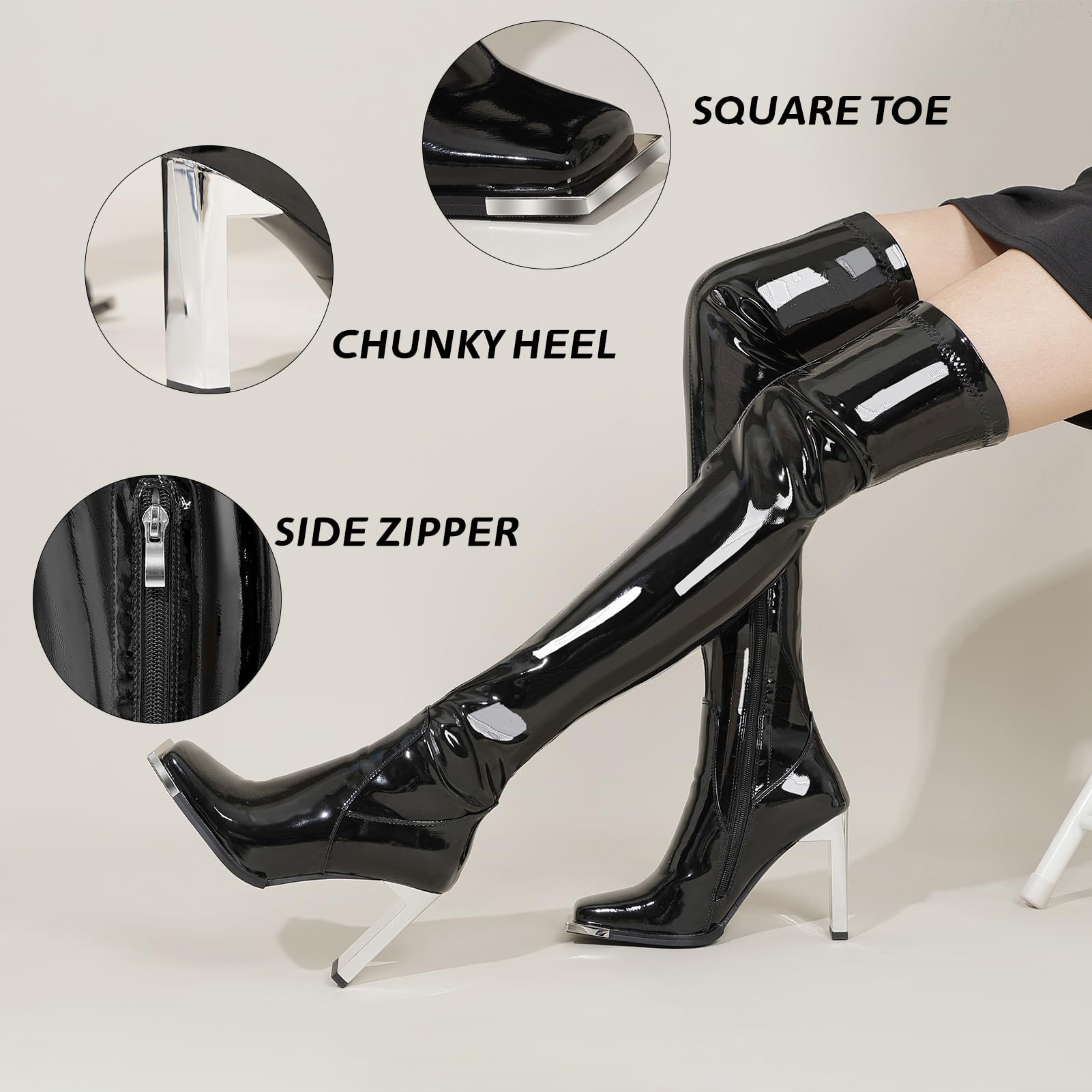 Wavyvigs Women Wide Calf Thigh High Latex Stretch Boots Square Toe Over The Knee Boots Block High Heel Long Boots: 6 Qipiblack
