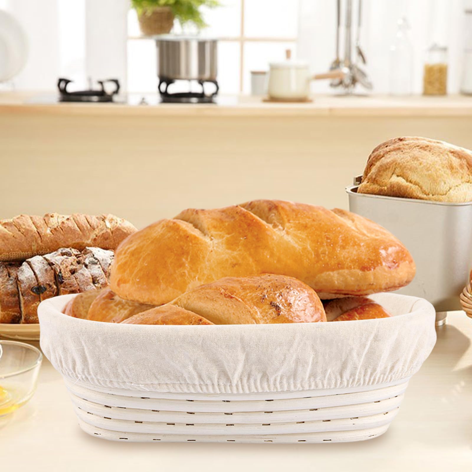 Lot de 2 paniers de fermentation ovales de 30 cm avec chiffon en lin et pinceau à huile en silicone, panier de fermentation pour la cuisson du pain et de la pâte à pain