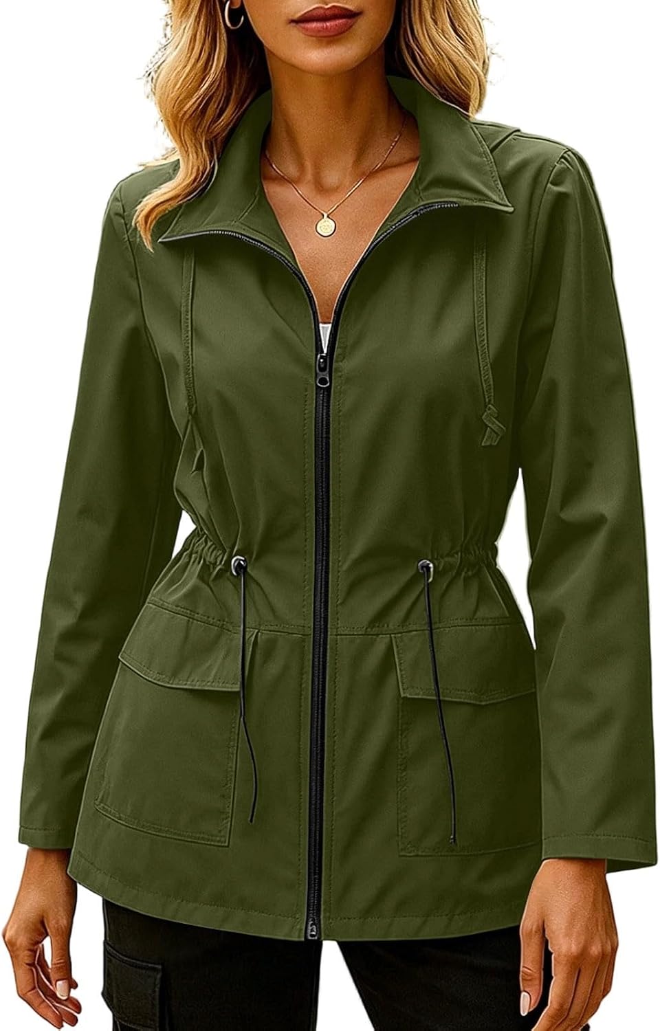 Womens Rain Jackets Lightweight Waterproof Raincoat Windbreaker Trench Coats Waist Drawstring Zip Up Casual Jacket