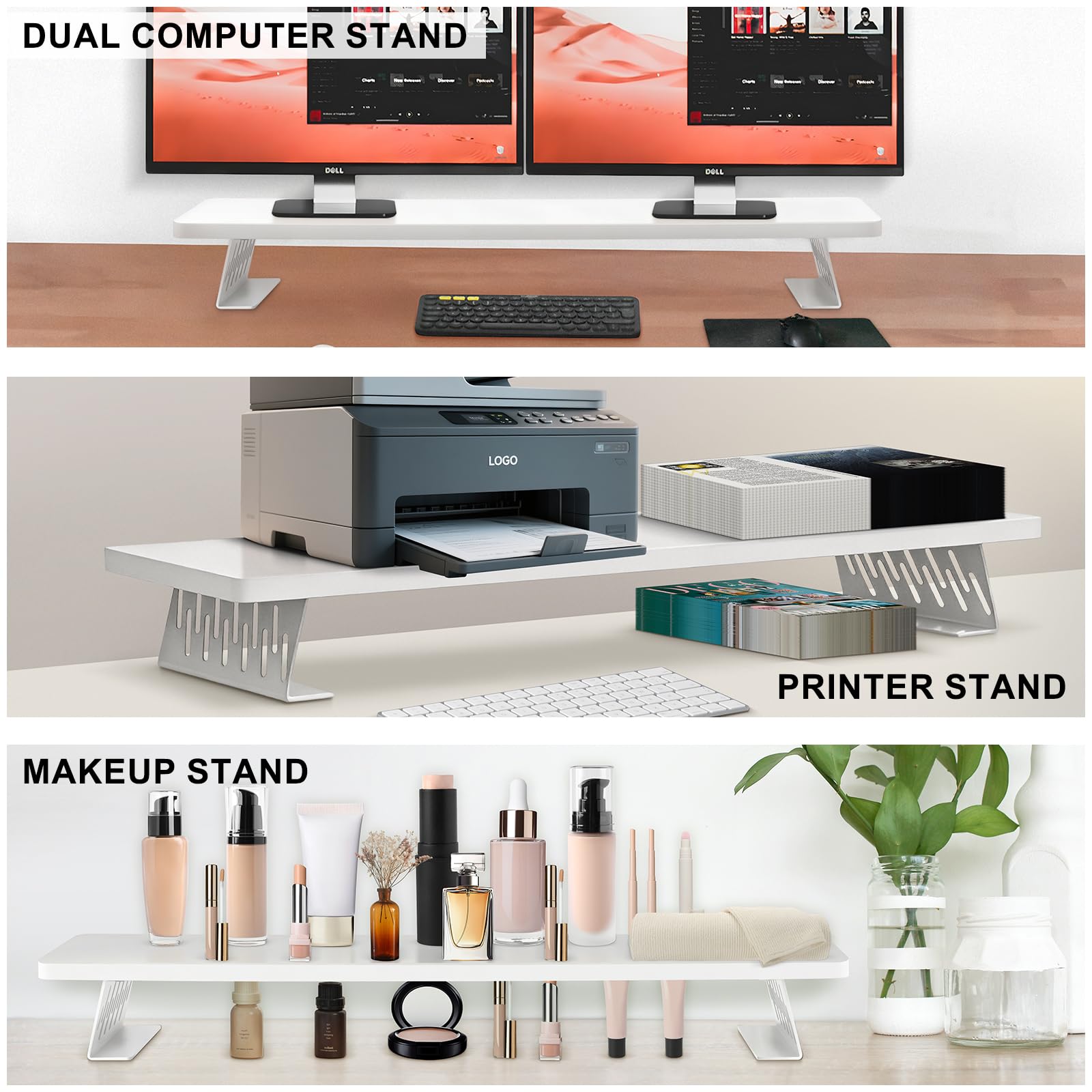 Supporto rialzato in legno per monitor 80x23,5x10 cm, supporti per monitor da scrivania, rialzo per doppio monitor e TV, robusto ripiano da scrivania per l'ufficio domestico, Bianco
