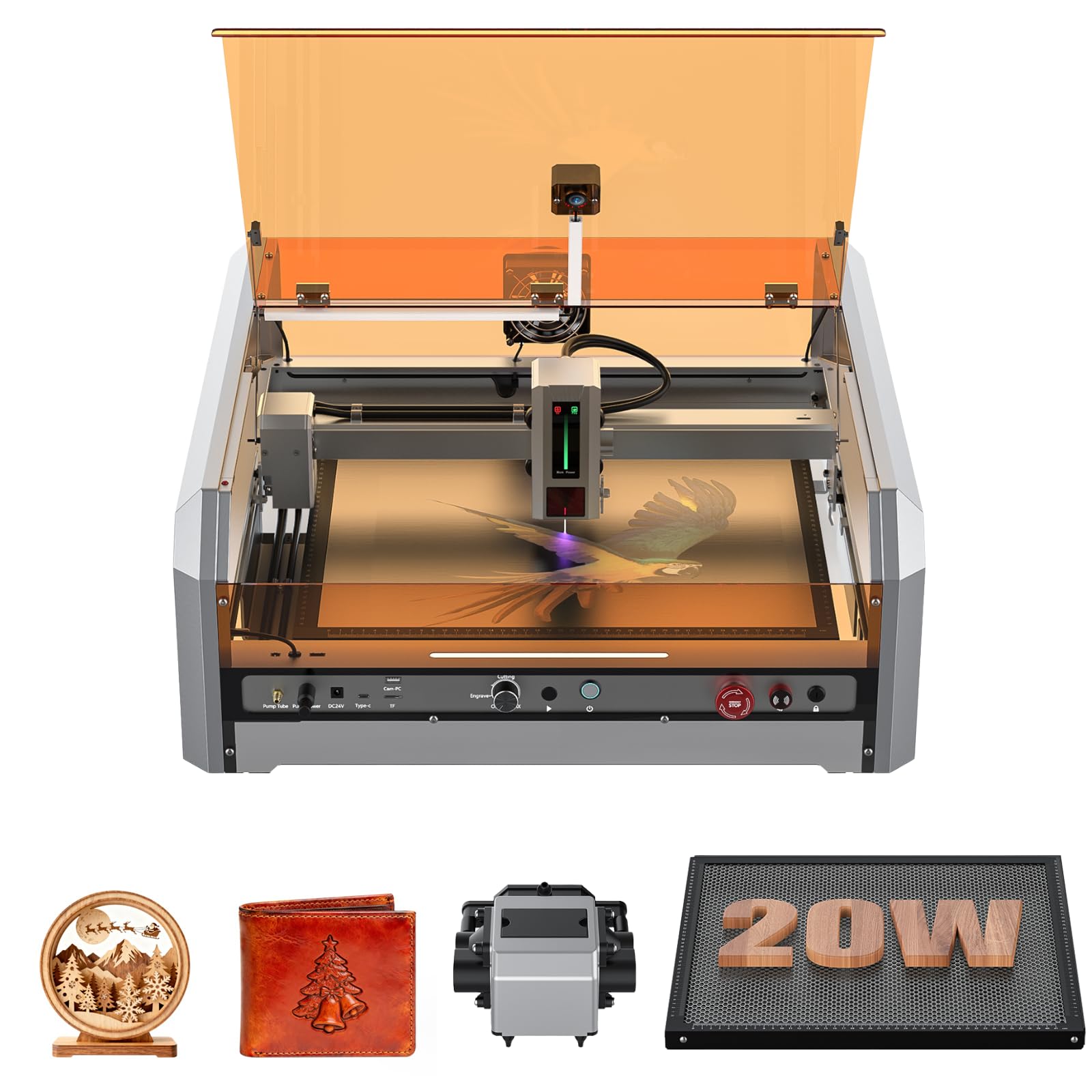 Genmitsu L8 Laser Engraver, 20W Laser Cutter Built-in Acrylic Enclosure with Vent, Air Assist Pump, Honeycomb, Camera, All-in-one Plug and Play Laser Engraving Machine, Laser Safety Class 1