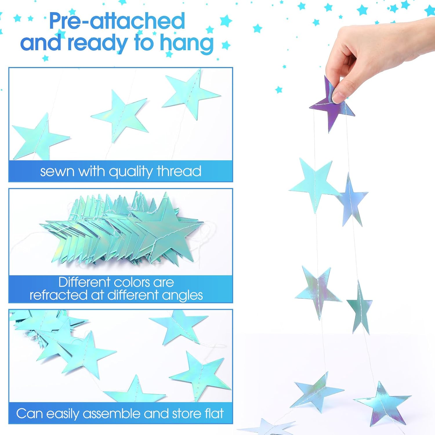 Patelai Glitter Star Garland Banner 2026 Party Decor 130 Feet Star Hanging Banner Twinkle Backdrop for Graduation Birthday Classroom Wedding Supplies(Iridescent Blue) - Image 2