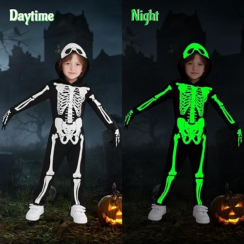 Miniatura 17 de Weixinbuy Disfraz de esqueleto de Halloween para niños, overol luminoso de huesos de calavera aterrador que brilla en la oscuridad, traje para niño