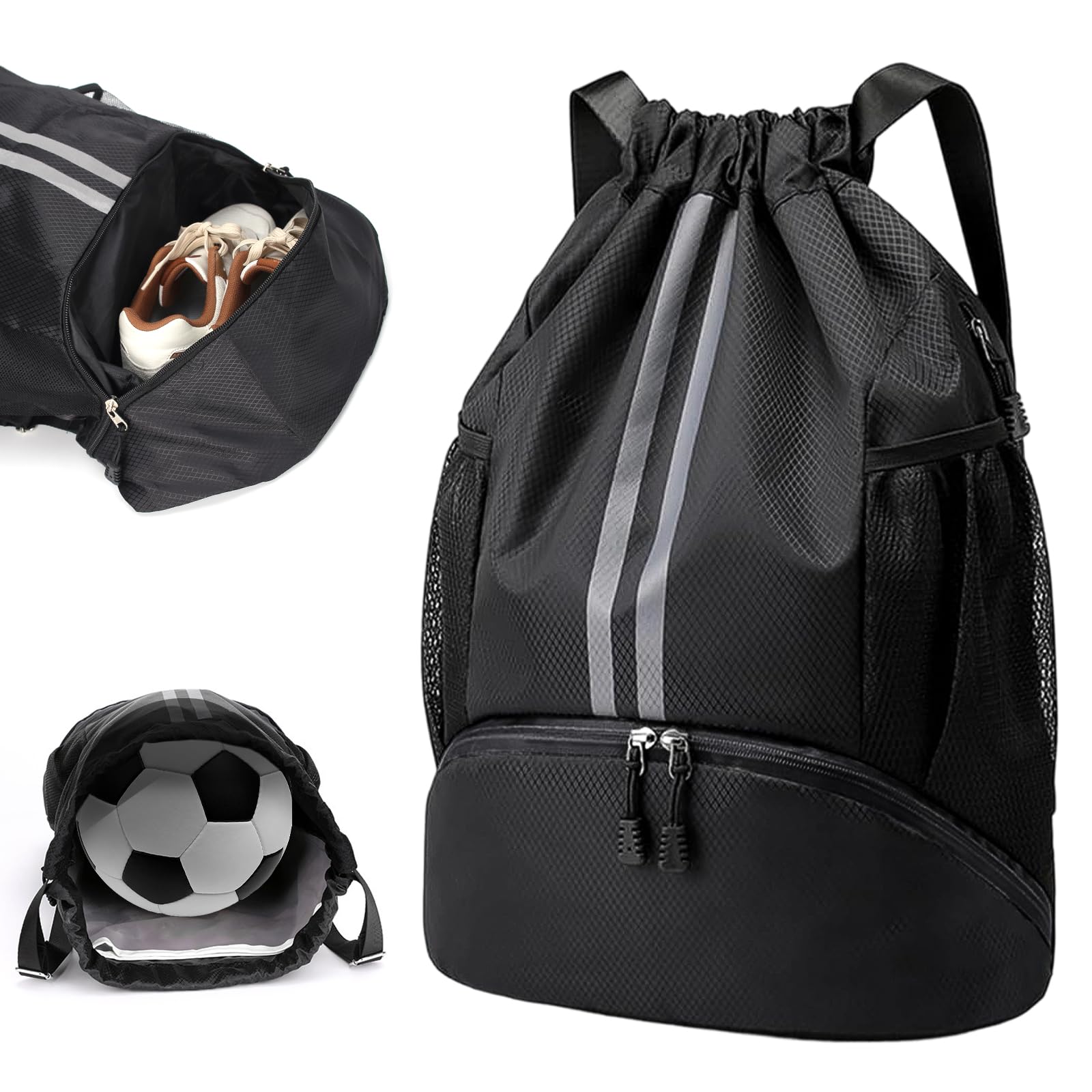 DBTW Drawstring Backpack Sport Gym Sackpack with Shoe Compartment, Drawstring Bags for Soccer Basketball Football Fitness, Large Capacity Water-resistant Cinch Pack for Men Women