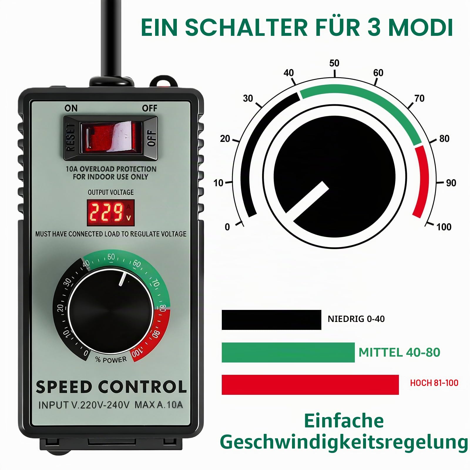 GBKDQQ Drehzahlregler 230v, Spannungsregler AC 230v 10A, Drehzahlregler Motor, Frequenzumrichter mit Überlastschutz für Winkelschleifer Bläser Handbohrer, Spitzenleistung 4000W