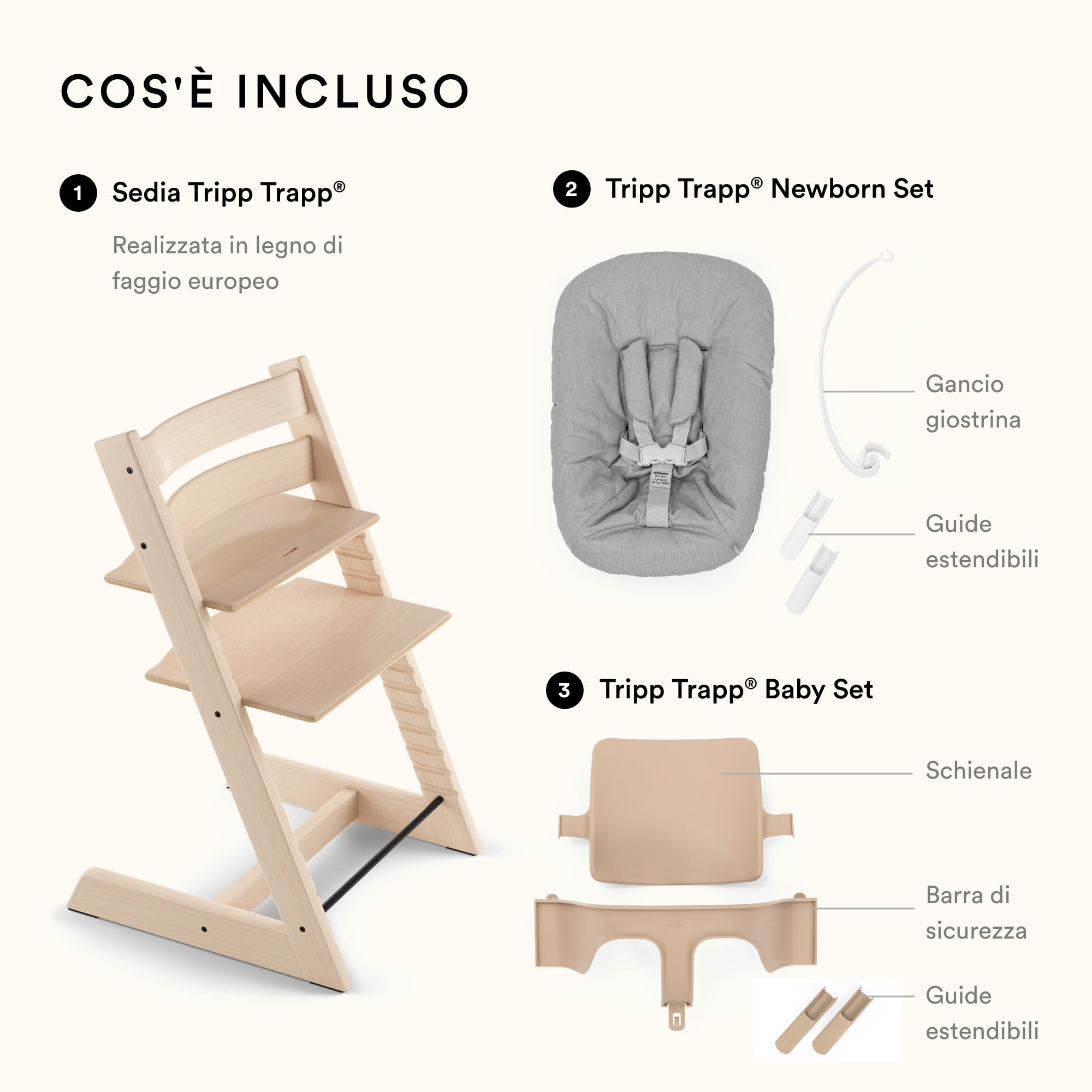 Seggiolone Tripp Trapp di Stokke, White (Include Sedia + Baby Set 2) con Newborn Set - Design Sicuro, Regolabile, Ergonomico