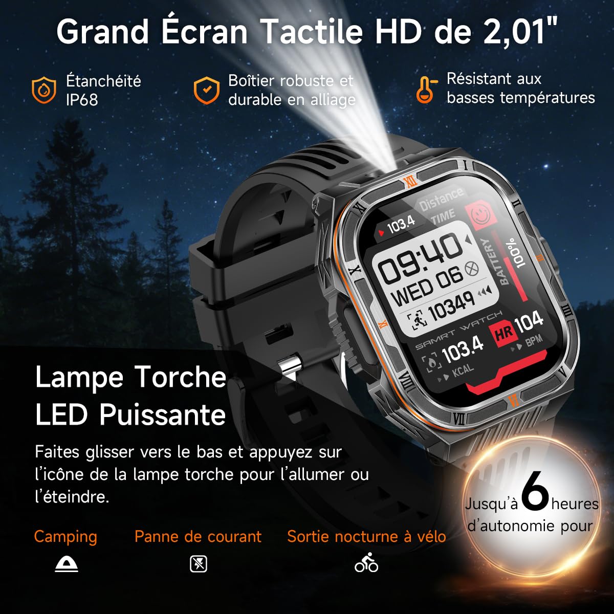 Montre Connectée Homme Militaire, 2.01" HD Grand Écran avec 1100 mAh Batterie/LED Lampe,Smartwatch avec 150 Modes Sportifs/Fréquence Cardiaque/SpO2/Sommeil Monitor, IP68 Étanche pour Android iOS