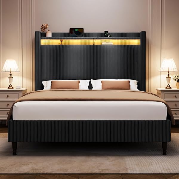 Welzona Queen Bed Frame with 55.3 Tall Headboard, Corduroy Upholstered Platform Bed with LED Lights & Charging Station,