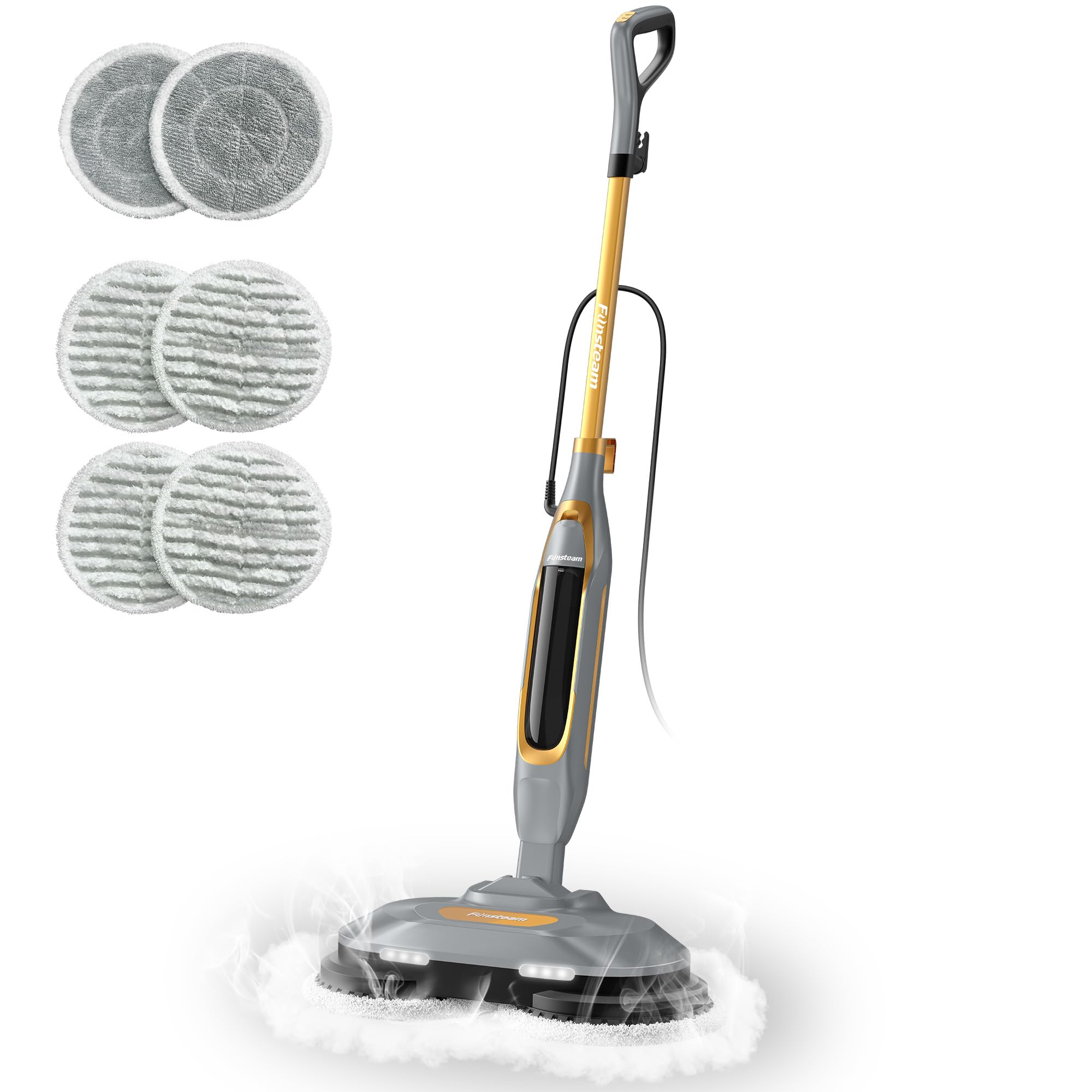 Pulitore a vapore con doppio mocio, 230 giri/min, pulizia a vapore caldo, autopropulente, luce LED, 6 panni in microfibra lavabili, per pavimenti duri, piastrelle, laminato, vinile