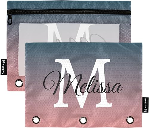 Estuche de lápices personalizado degradado rosa y azul para 3 anillas, bolsa de lápices personalizada con cremallera transparente para ventana,