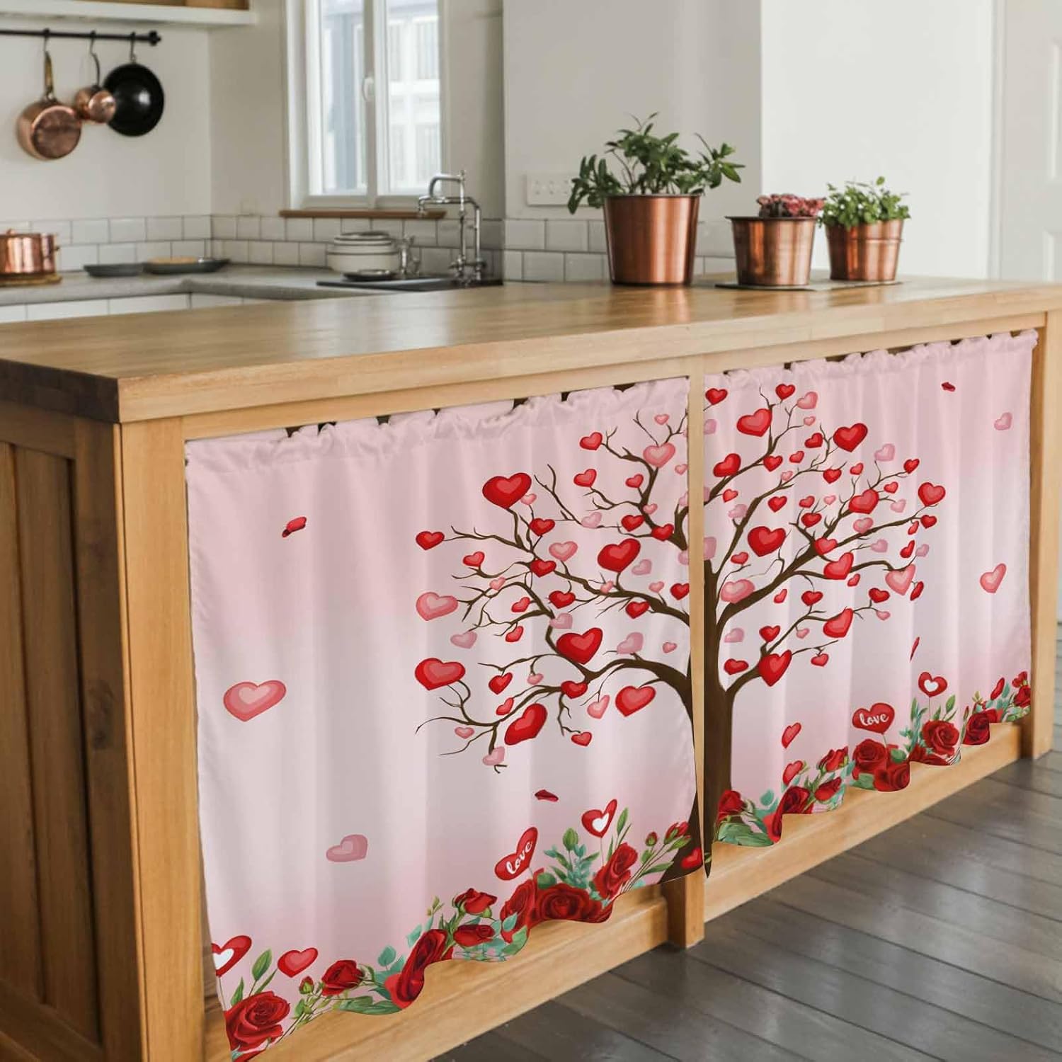Valentine's Day Kitchen Tier Curtains 36 Inch Long 2 Panel Set,Rod Pocket Half Window Curtains Over Sink,Pink Romantic Red Love Trees Roses Light Filtering Short Drapes for Bathroom Cafe 27.5"W x 36"L