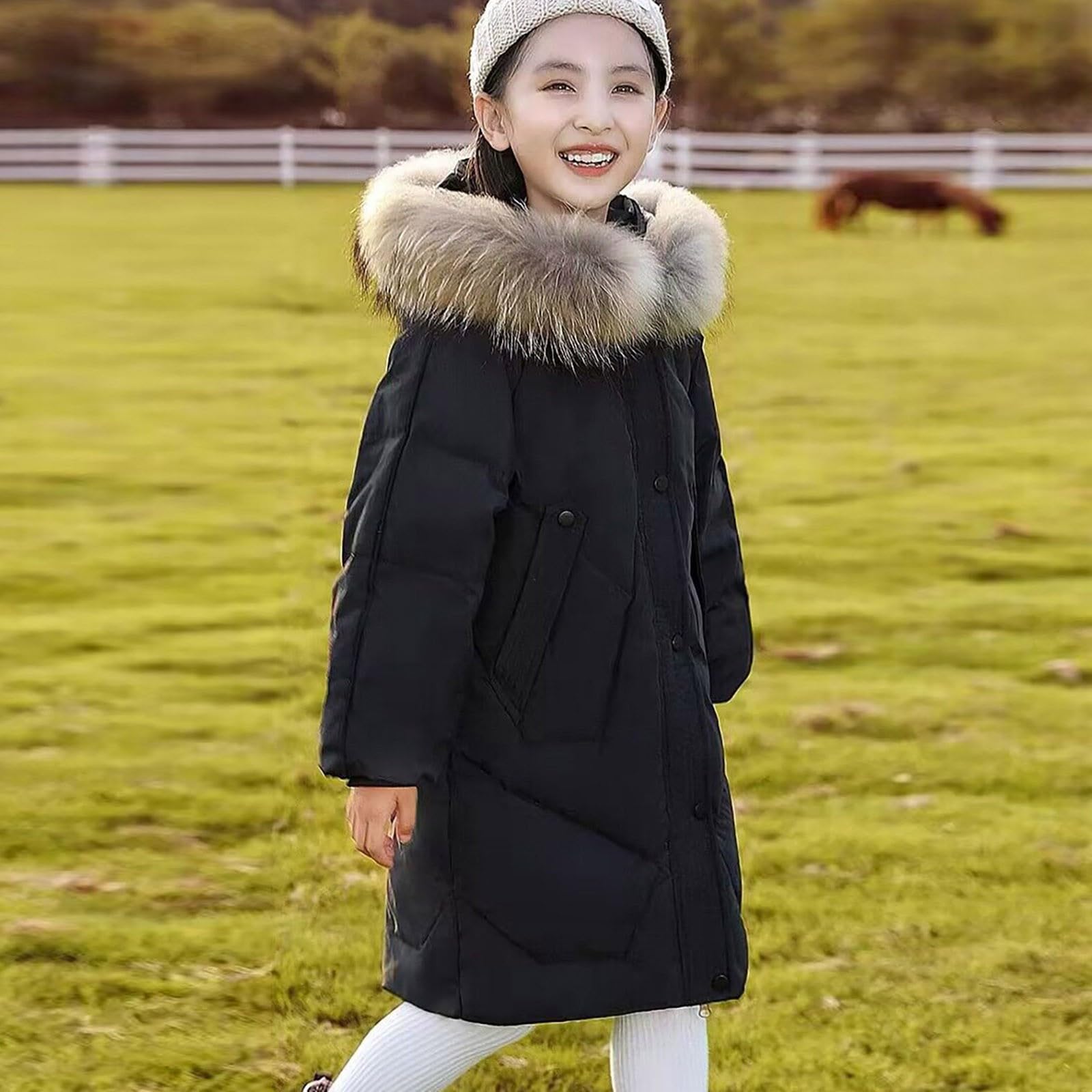 Cappotti da ragazza, per bambini e ragazze, invernale, lungo, con cappuccio in pelliccia sintetica, piumino con cerniera e cappuccio antivento caldo in pile