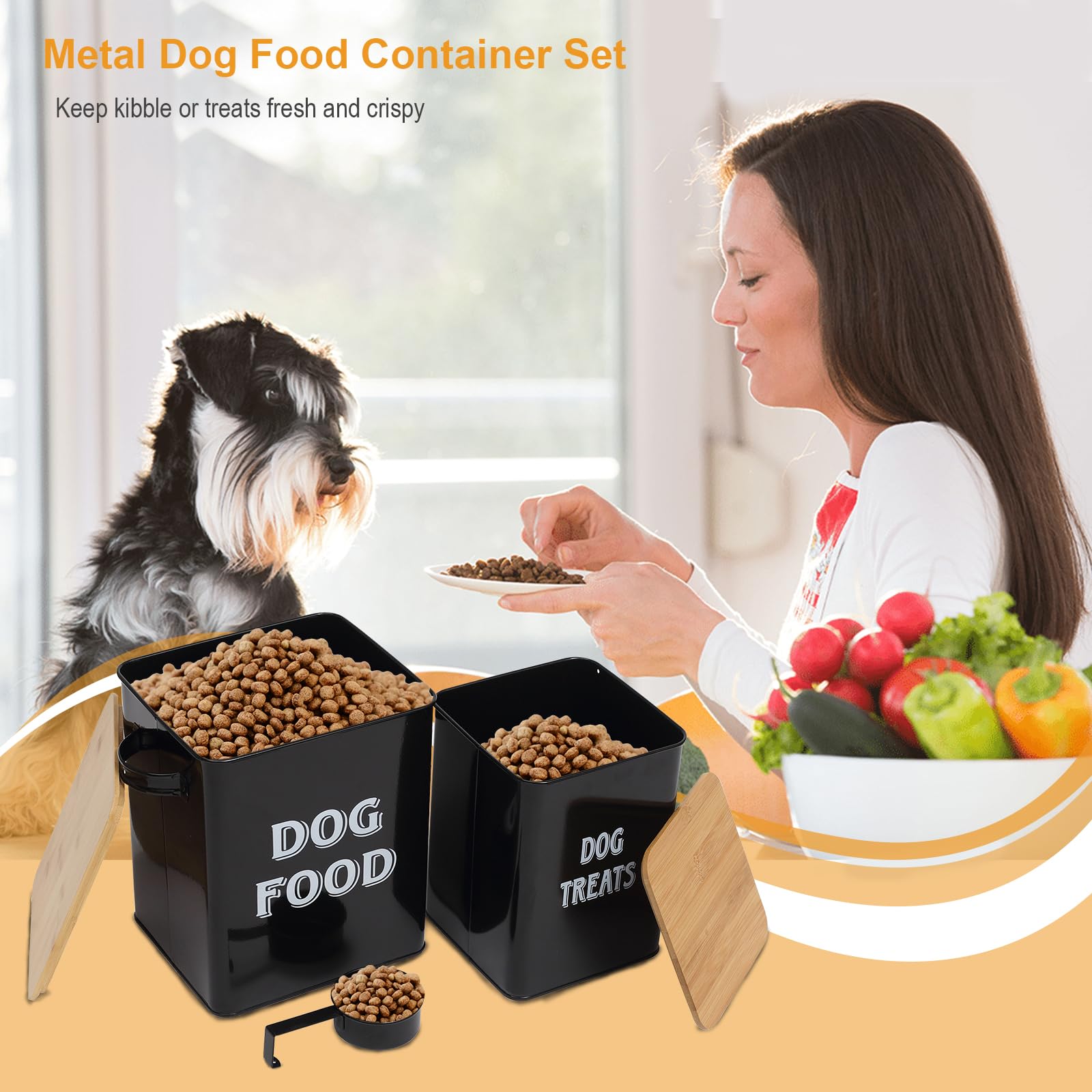 Pethiy Boîtes pour Nourriture et friandises Animaux -Conteneur Croquette Chiens -Couvercles en Bois hermétiques -Acier Carbone revêtu - 2.5KG+1.5KG Nourriture Boîtes de Rangement-Noir