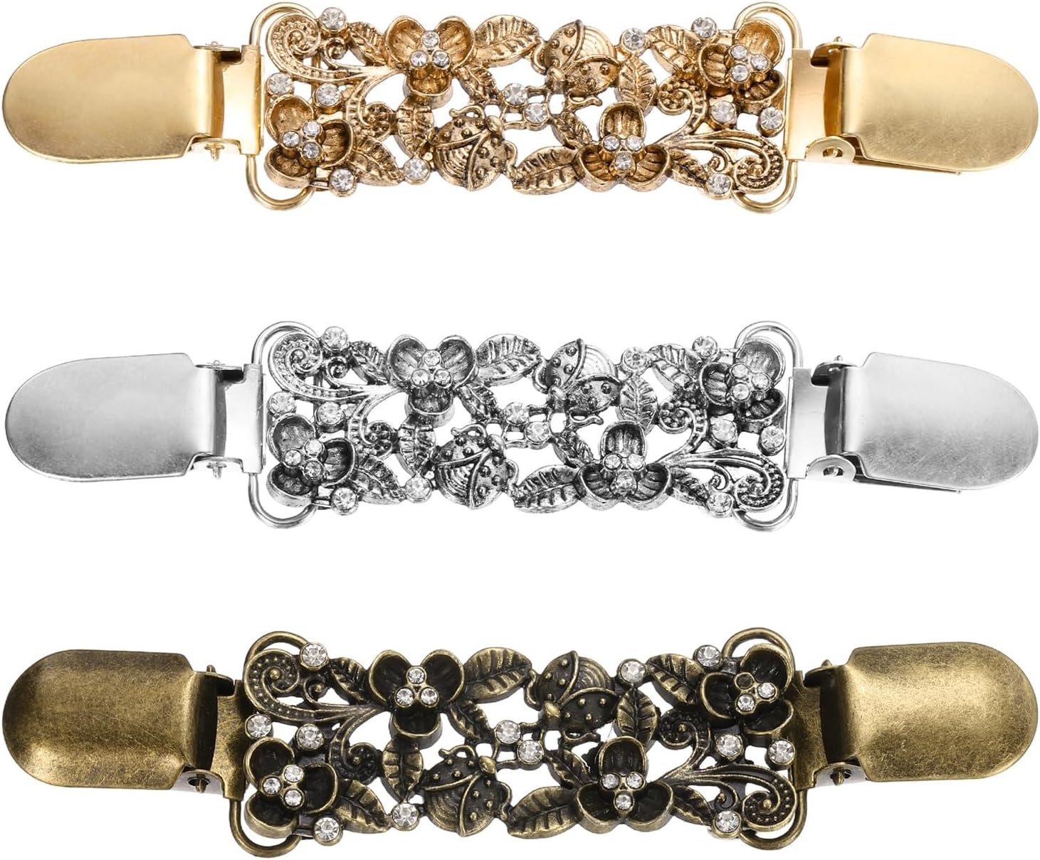 PATIKIL 3Pcs Vintage Cloak Clasps, Sweater Clips Women Collar Clip for Women Clothing Sweater Shawl Scarf Cardigan Accessories Retro Cinch Brooch, Silver/Gold/Bronze Tone(4.8x1Inch)