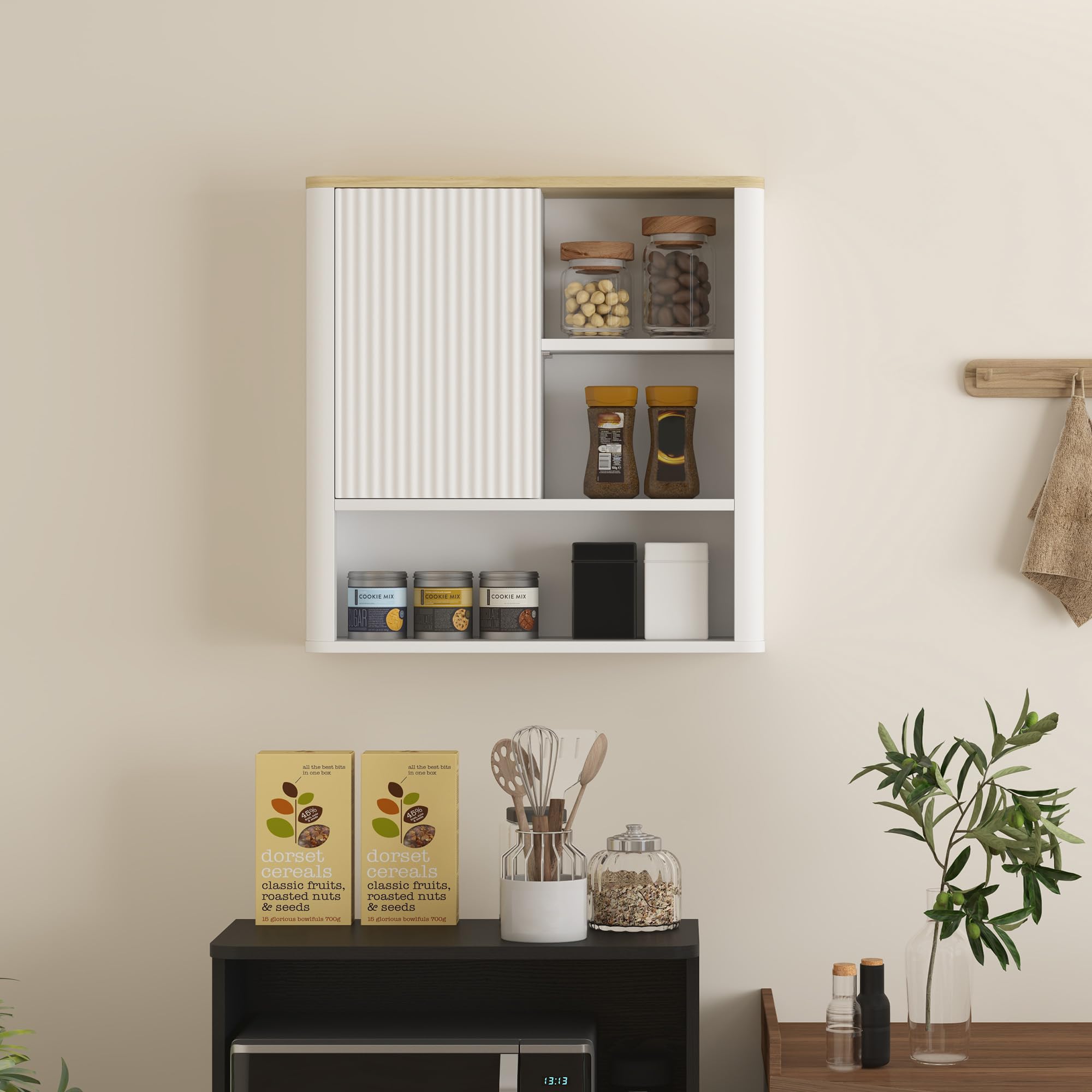 HOMCOM Armario de Baño de Pared Mueble de Baño Colgar con Estantes Ajustables Puerta Corredera Compartimentos y Diseño con Perfil Curvo 60x20x62 cm Blanco