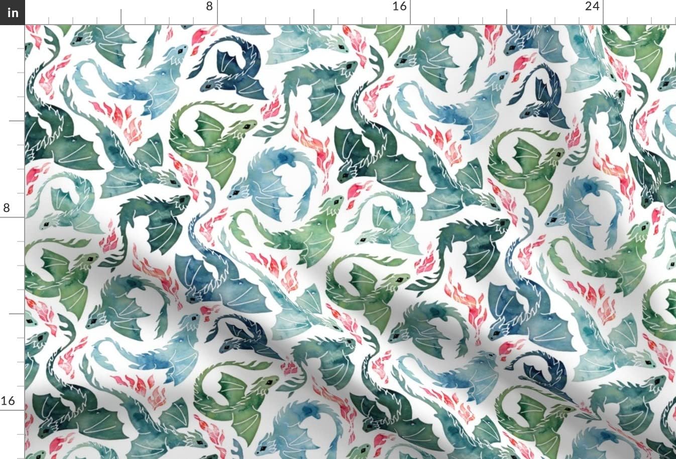 Spoonflower Fabric - Watercolor Dragon Mystical Fantasy Flying Dragons Sea Green Fire Printed on Upholstery Velvet Fabric Fat Quarter - Upholstery Home Decor Bottomweight Apparel