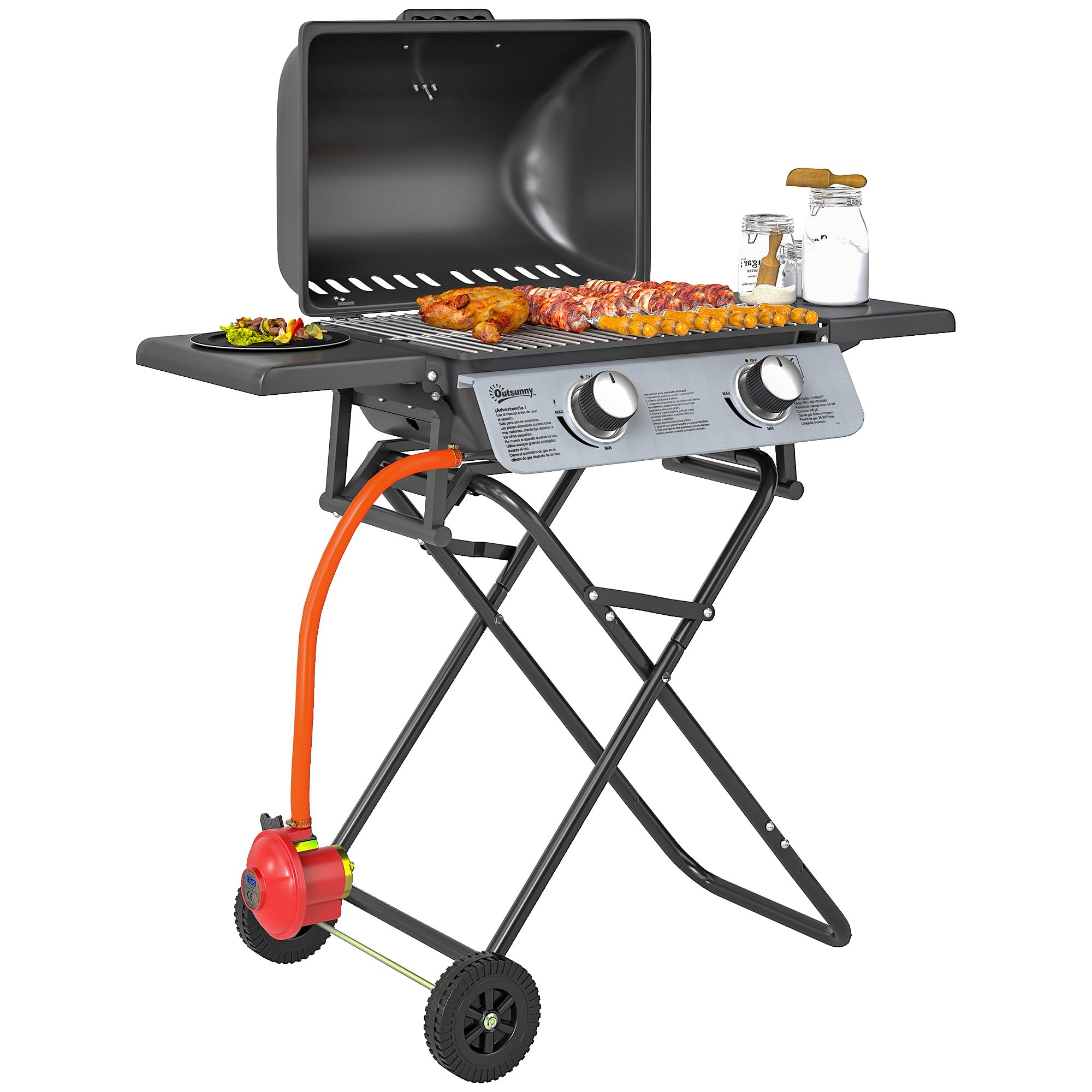 Outsunny Portable Foldable Gas Barbecue Grill With Thermometer, Lid, Black