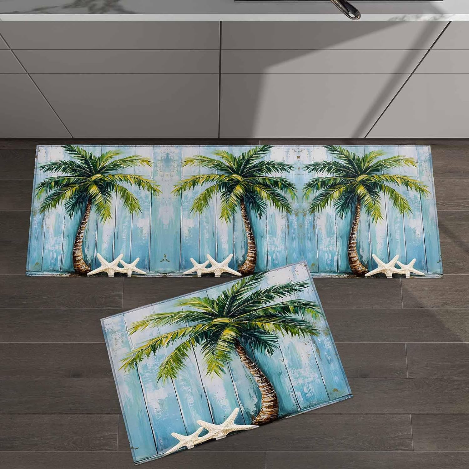 2 Pieces Kitchen Rugs and Mats,Vintage Coconut Tree Starfish Area Runner Rug Set Non Slip Floor Doormat Washable Carpet Standing Mat for Kitchen Sink Indoor Corridor,Beach Blue Wood Board