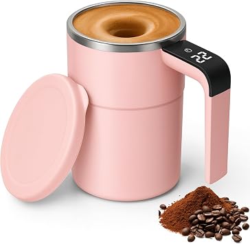 Electric Coffee Mug with a Built-in LCD Thermometer, 13Oz Automatic Magnetic Stirring Coffee Mug, Self Mixing Mugs for Home Kitchen Travel Pink