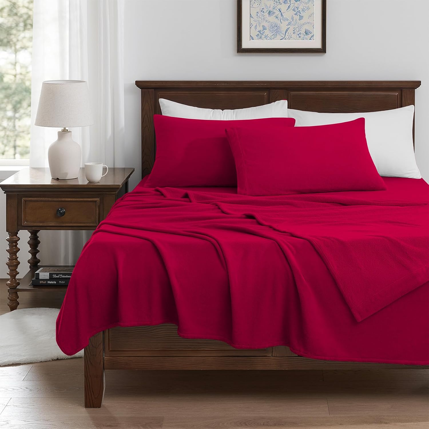 Petrichor Flannel Fleece King Size Sheet Set Red–Ultra Soft Anti-Static Plush Bedding,4 Piece(1 Fitted Sheet80×78"×16",1 Flat Sheet102×108",2 Pillowcases40×20")