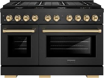 ZLINE Autograph Edition 48 in. 6.7 cu. ft. Paramount Double Oven Dual Fuel Range with 8 Burner Gas Cooktop in Black Satin Stainless Steel and Polished Gold Accents SDRBSZ-48-G