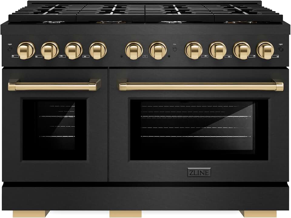 ZLINE Autograph Edition 48 in. 6.7 cu. ft. Paramount Double Oven Gas Range with 8 Burner Cooktop in Black Satin Stainless Steel and Polished Gold Accents (SGRBSZ-48-G)