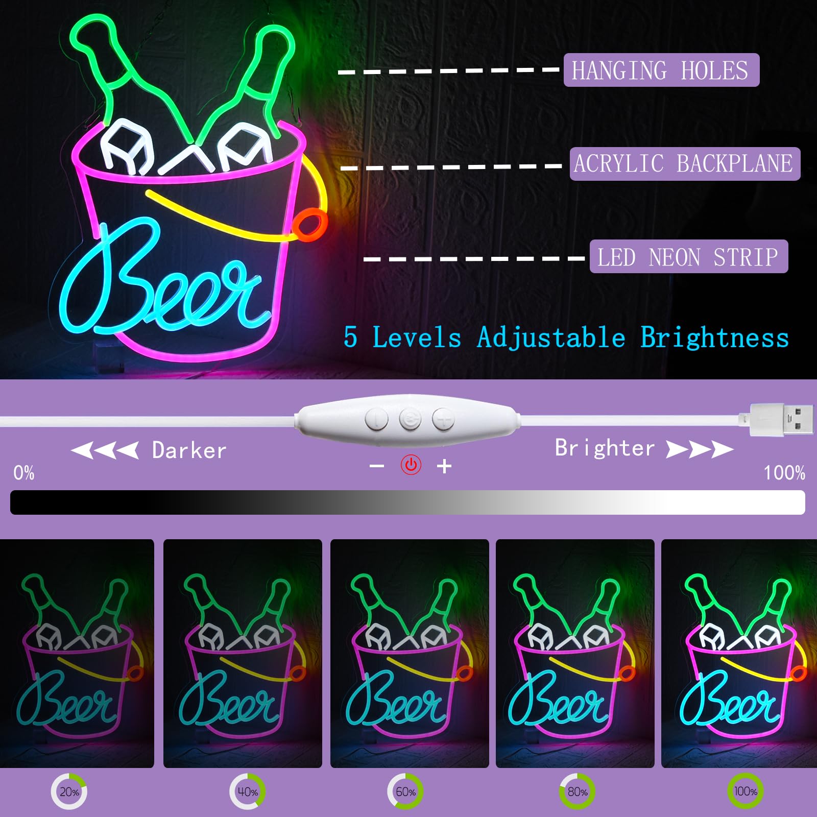 UExnkj-Y Beer Neon Sign Beer Barrel Signs USB Powered with dimmable Switch LED neon Light, Suitable for Cocktail bar Club - Image 3