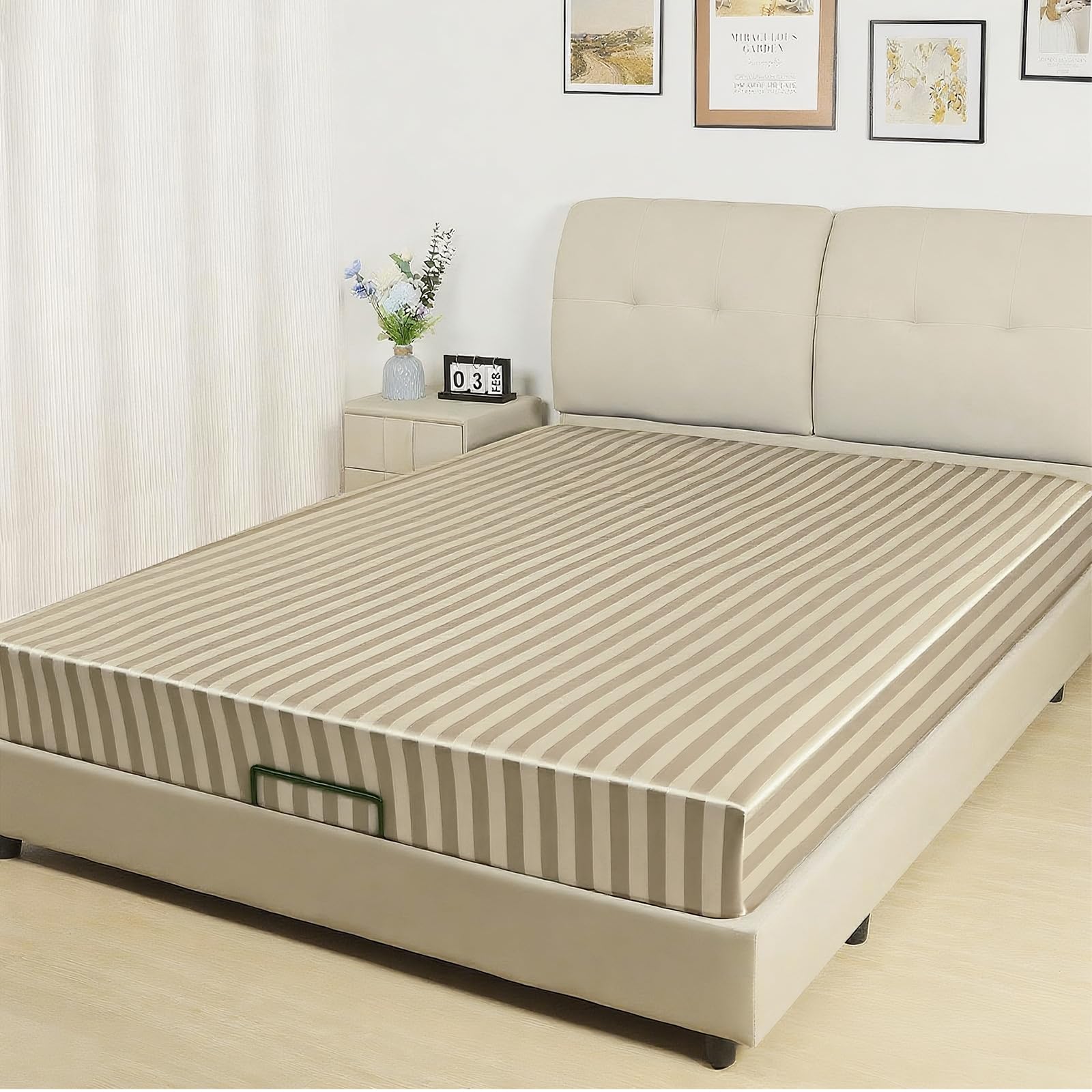 Lirex Satin Spannbettlaken 135x190cm, Seide Spannbetttuch Luxuriös und Seidig Glatt Weiche Microfaser Bettlaken für bis 35cm Matraze, Khaki Streifen