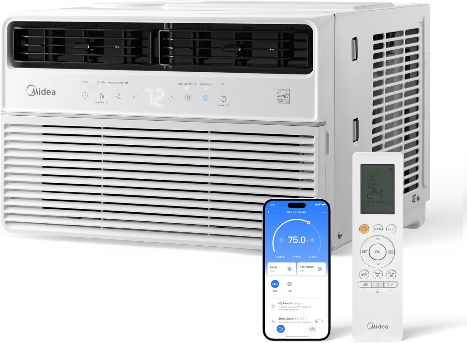 Midea 8,000 BTU Smart Inverter Window Air Conditioner with APP, Alexa Control, 115V AC Unit Cools up to 350 Sq. Ft, Quiet Operation, Energy Saving, Remote & Easy Installation Kit, White (Renewed) Inverter AC 8,000 BTU, 115V - Image 1 of 7