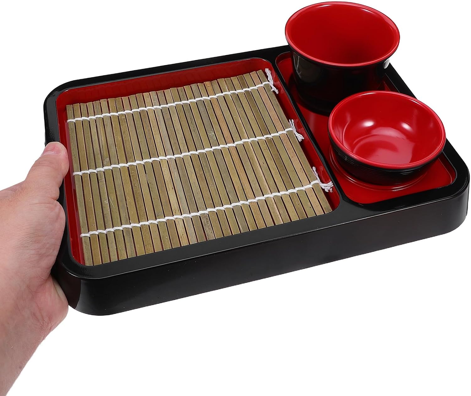 Japanese Style Cold Noodle Tray and Udon Dish with Mat, Rectangular Plastic Food Plate for Soba and Cold Noodle Serving in Kitchen and Dining