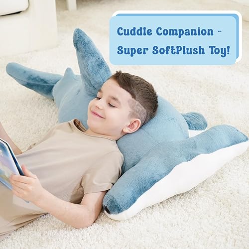 Miniatura 5 de Tiburón Hammerhead de 37 pulgadas, animal de peluche suave gigante de tiburón de peluche realista, animal del océano azul, regalo para niños y