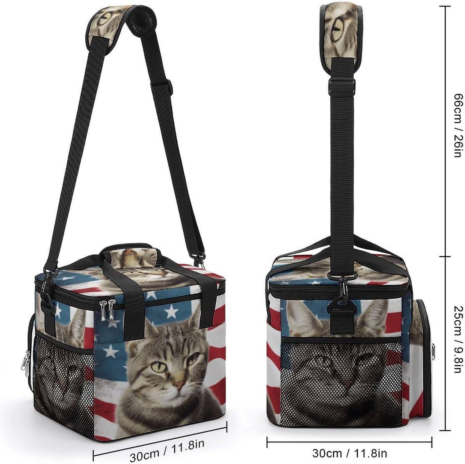 Camping Ice Pack, American Cat USA Flag Print Cooler Bag, 22.5L Large Capacity Insulated Lunch Tote Bag for Outdoor, Picnic, BBQ, Travel, Work