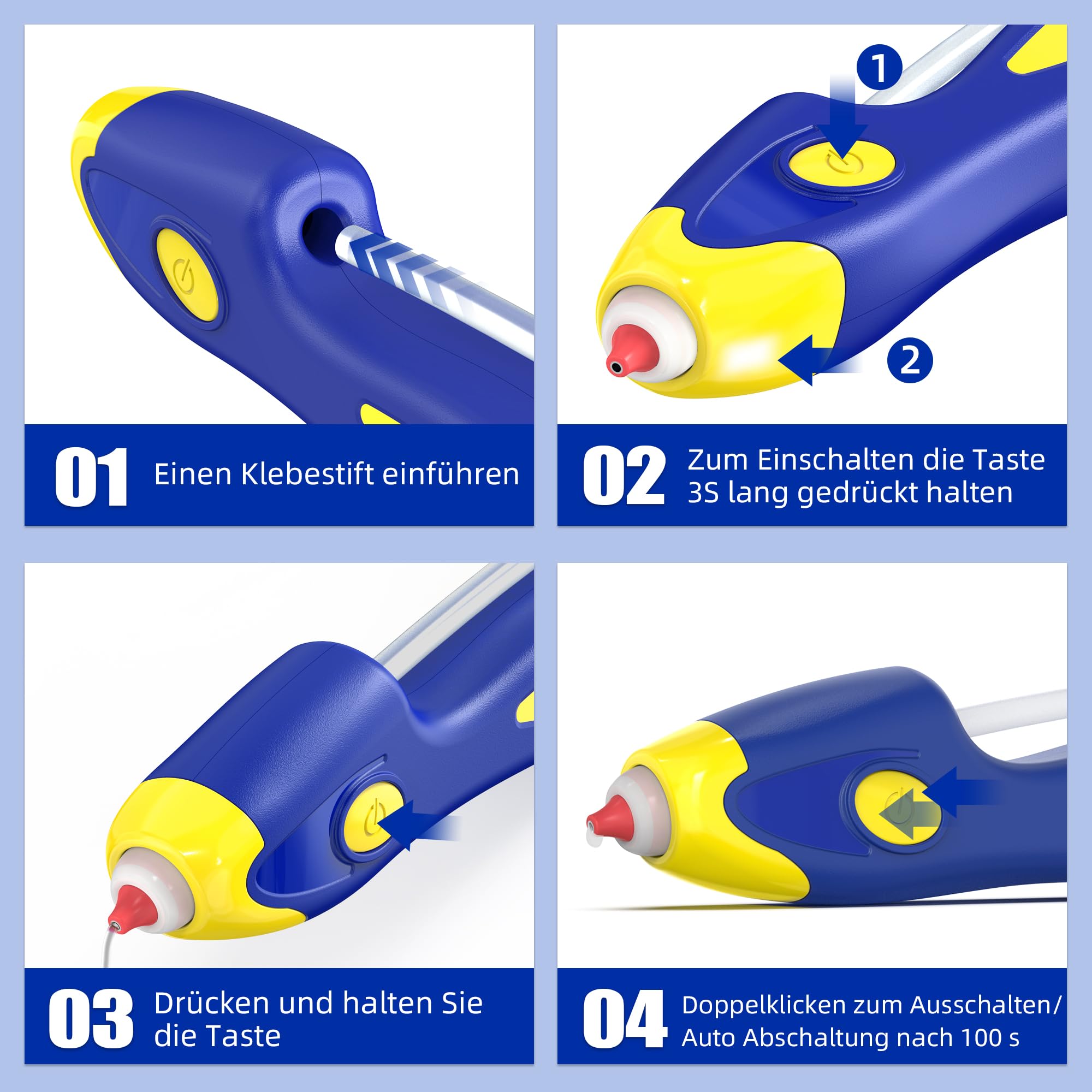 Pistola colla a caldo senza fili, Preriscaldamento rapido 6s, Incollaggio automatico antigoccia, pistola a caldo per colla con 30 stick di colla colorati 185mm, Ricaricabile USB-C per il fai da te
